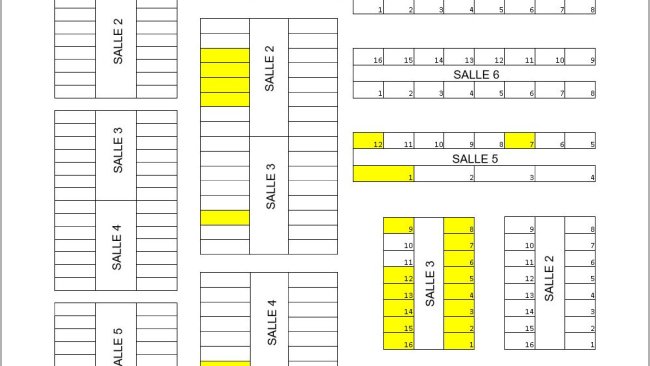 Figure 1. Plan de la ferme incluant sevrage, engraissement et finition.
Les enclos marqués en jaune contenaient des animaux avec marque auriculaire à l'âge de 13 semaines du lot suivi.