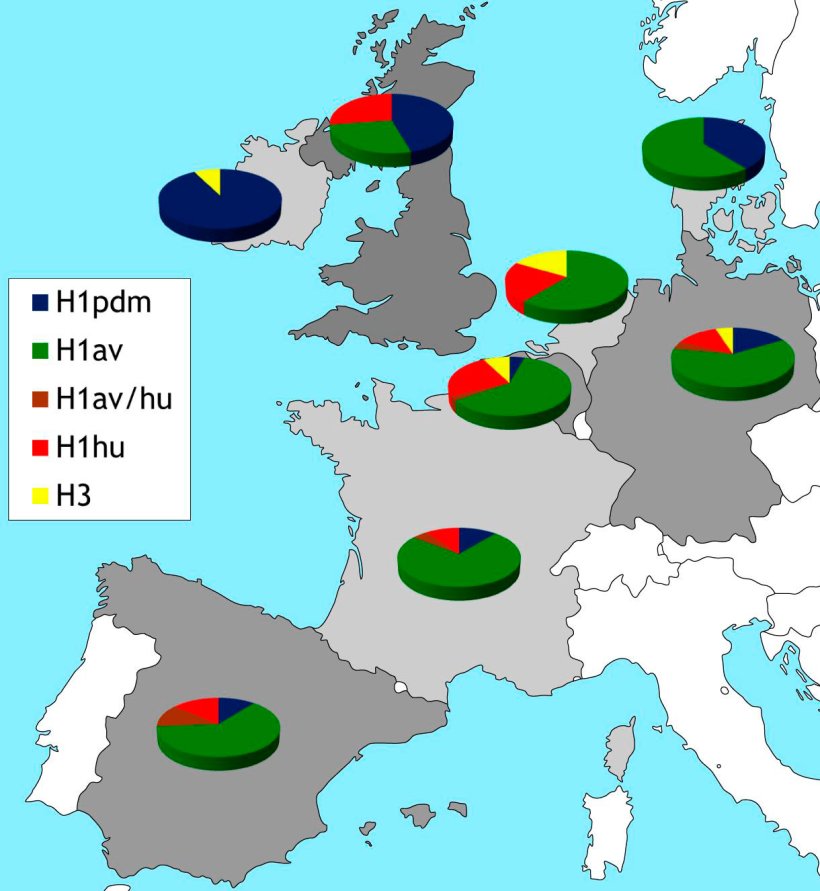 Figure 2. Restrictions g&eacute;ographiques des sous-types HA des virus IA qui circulent actuellement en Europe. Les donn&eacute;es sont bas&eacute;es sur (r&eacute;f&eacute;rences) et sur nos &eacute;tudes&nbsp;de surveillance passive lanc&eacute;es&nbsp;en 2015.
