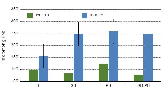 Fig. 2. Concentration d'acides gras &agrave; cha&icirc;ne courte&nbsp;dans le digesta du colon de porcelets de 10 et 15 jours apr&egrave;s le sevrage avec 4 r&eacute;gimes exp&eacute;rimentaux diff&eacute;rentsa. (Adapt&eacute; de Molist et al. 2009).

a R&eacute;gimes: T (t&eacute;moin); SB&nbsp;(T+ 80 g son de bl&eacute;/kg); PB&nbsp;(T+ 60 g pulpe de betterave/kg); et SB&ndash;PB (T+ 40 g son de bl&eacute;/kg et 30 pulpe de betterave/ kg). (8 r&eacute;p&eacute;titions par traitement).
