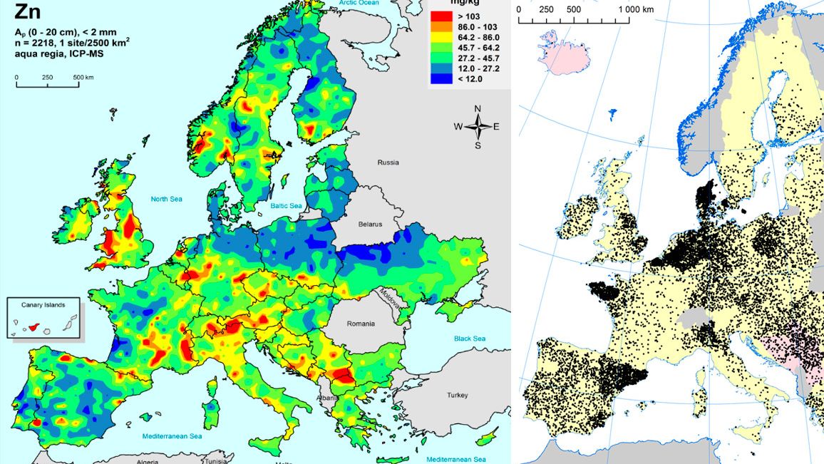 A gauche: Zinc dans les sols agricoles de ll'UEE (Gemas 2014): Niveaux de zinc &agrave; la surface du sol (20 cm sup&eacute;rieurs) dans les terres agricoles en Europe (&agrave; partir&nbsp; de Reimann et al., 2014). A droite: Elevages porcins dans l'UE (Eurostat, 2014).
