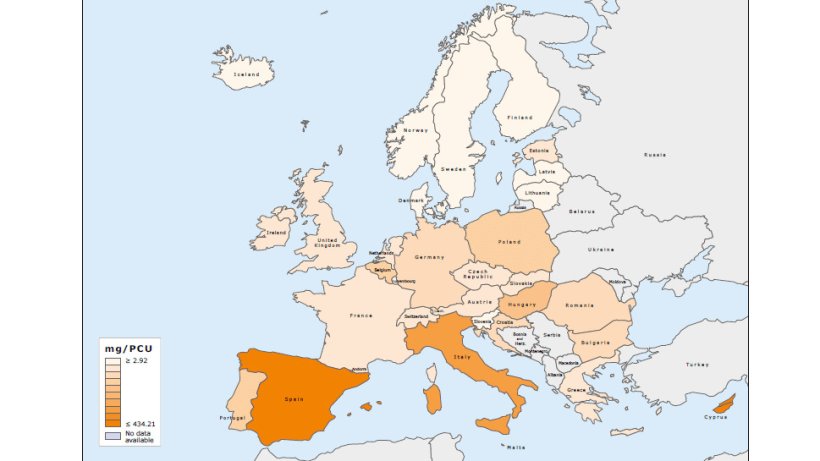 Distribution dans l'espace des ventes totales de tous les antimicrobiens pour animaux producteurs d'aliments, en mg/PCU en 2015.
