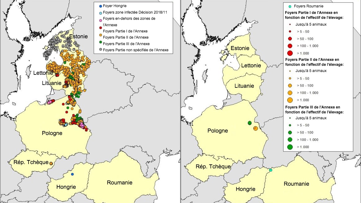 <p>Carte des foyers de PPA chez les sangliers (&agrave; gauche) et les porcs domestiques (&agrave; droite)d&eacute;clar&eacute;s en Estonie, Lettonie, Lituanie, Pologne, R&eacute;p. Tch&egrave;que et Roumanie&nbsp;&nbsp;en 2018 (jusqu'au 25 Avril 2018)(Source RASVE-ADNS)</p>
