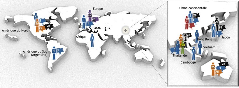Figure 1. Principaux types de s&eacute;quence (STs) du s&eacute;rotype 2 de Streptococcus suis d&eacute;termin&eacute;s par typage multilocus de s&eacute;quences (MLST). Les souches ST1 du s&eacute;rotype 2 sont principalement associ&eacute;es &agrave; la maladie des porcs (pour lesquels des donn&eacute;es sont disponibles) et des humains en Europe, en Asie, en Afrique et en Am&eacute;rique du Sud (Argentine). ST7, une variante de locus unique &nbsp;de ST1, est end&eacute;mique de la Chine continentale. La situation est diff&eacute;rente en Am&eacute;rique du Nord, o&ugrave; peu de cas cliniques de ST1 ont &eacute;t&eacute; d&eacute;crits chez le porc et un seul chez l'homme. En fait, les souches nord-am&eacute;ricaines du s&eacute;rotype 2 appartiennent principalement &agrave; ST25 (humains et porcs) et &agrave; ST28 (porcs uniquement). Le dernier ST est &eacute;galement associ&eacute; &agrave; des cas cliniques porcins en Chine continentale, en Australie, au Japon et en Tha&iuml;lande. Curieusement, le Japon et la Tha&iuml;lande sont les seuls pays qui d&eacute;crivent &eacute;galement des cas humains par ST28. Outre l'Am&eacute;rique du Nord, des cas humains d'infection &agrave; ST25 ont &eacute;t&eacute; signal&eacute;s en Australie et en Tha&iuml;lande. Enfin, le ST20 n&rsquo;est r&eacute;pandu qu&rsquo;en Europe (surtout aux Pays-Bas). Dans ce graphique, les num&eacute;ros (1, 20, 25, 28, 104) des diff&eacute;rents h&ocirc;tes indiquent diff&eacute;rents STs (par exemple: ST1, ST20, ST25, ST28, ST104) et chaque ST a &eacute;t&eacute; dessin&eacute; avec une couleur diff&eacute;rente. La figure a &eacute;t&eacute; modifi&eacute;e &agrave; partir de: Segura M, Fittipaldi N, Calzas C, Gottschalk Critical Streptococcus suis virulence factors: Are they all really critical? Trends Microbiol. 2017; 25(7):585-599. doi: 10.1016/j.tim.2017.02.005, &nbsp;avec autorisation de copyright.
