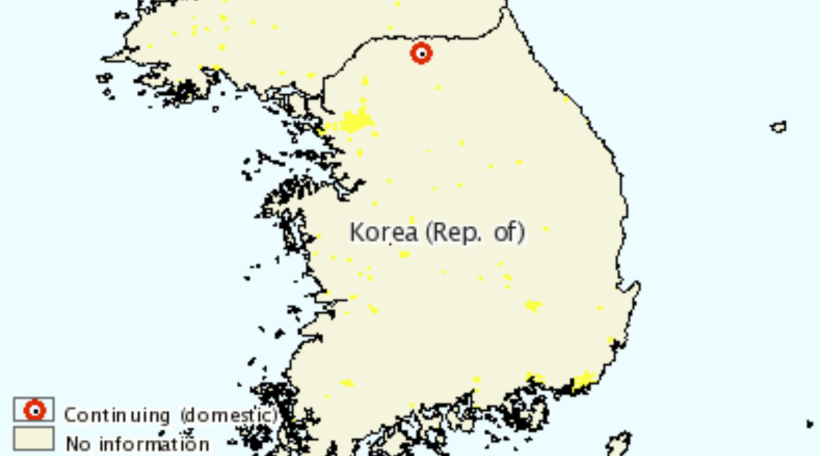 Carte des foyers actuels de PPA chez les porcs domestiques. Source : OIE
