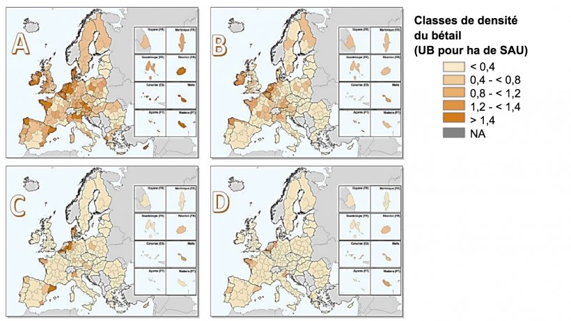 La densit&eacute; du b&eacute;tail dans l&#39;Union europ&eacute;enne en 2016 pour : (a) tout le b&eacute;tail, (b) les bovins, (c) les porcs et (d) la volaille. Estim&eacute; en divisant le nombre d&#39;unit&eacute;s de b&eacute;tail par la superficie agricole utilis&eacute;e (SAU) dans chaque r&eacute;gion NUTS 2 : Eurostat, mars 2020 ; cartes cr&eacute;&eacute;es par Matteo Sposato, SRUC.
