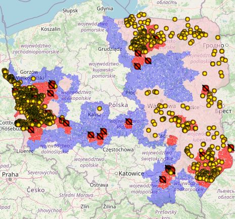 PPA chez le sanglier en 2021&nbsp;(points jaunes). Source : GVI
