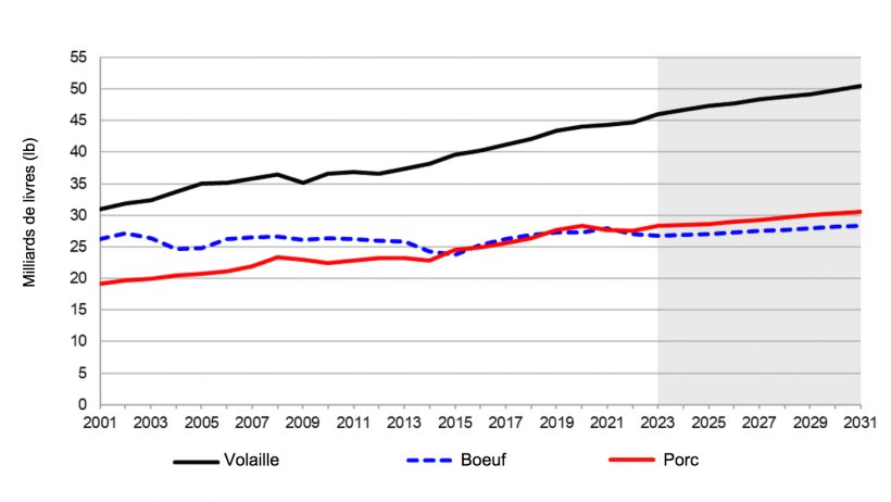 Production animale des Etats-Unis par esp&egrave;ce. De 2021 &agrave; 2031 (estimation). Remarque : la zone gris&eacute;e repr&eacute;sente une estimation. Source : USDA. 5 novembre 2021
