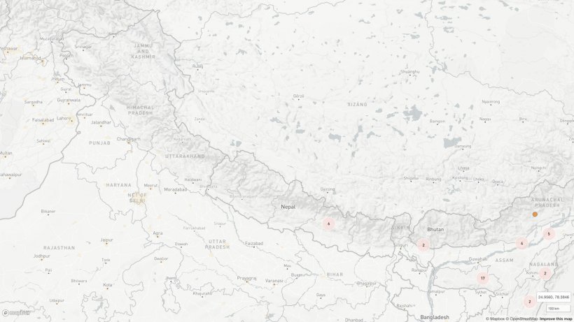 Localisation des six foyers signal&eacute;s &agrave; ce jour au N&eacute;pal. D&#39;autres groupes de foyers proches sont &eacute;galement indiqu&eacute;s. Source : OIE sur la base des contributions de &copy;OpenStreetMap&nbsp;(https://www.openstreetmap.org/about/)
