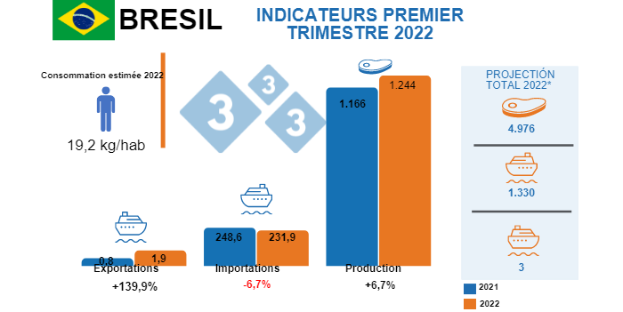 Sources : IBGE - COMEX STAT - USDA - * Projection de production totale 2022 Luri Pinheiro Machado.&nbsp;Variations % par rapport &agrave; la m&ecirc;me p&eacute;riode en 2021. Chiffres en milliers de tonnes.
