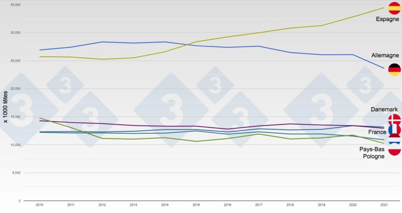 Évolution de l’effectif porcin chez les principaux producteurs européens entre 2010 et 2021.