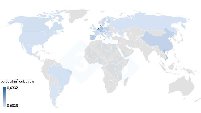 Carte 1. Nombre de porcs/km2 de terres cultivables chez les principaux producteurs mondiaux en 2020. Données sur les terres cultivables : Banque mondiale. Données sur les effectifs : 3tres3