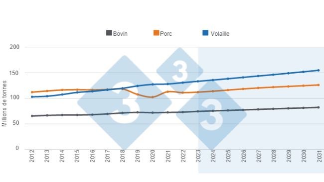 Graphique 1. Projections à long terme de la production mondiale de protéines animales. Élaboré par le service Economie et Intelligence des Marchés à partir de données du Ministère de l'Agriculture des États-Unis (USDA).