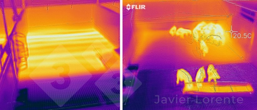 Photo 2 : &agrave; gauche : image thermographique d&#39;un chauffage par le sol fonctionnant correctement. &Agrave; droite : image thermographique d&#39;un chauffage par le sol d&eacute;fectueux avec une zone pratiquement inactive.
