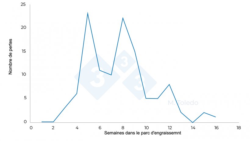 Figure 3 : &Eacute;volution des pertes dans un parc d&#39;engraissement apr&egrave;s l&#39;administration de m&eacute;dicaments : S4 - florf&eacute;nicol dans l&#39;eau de boisson, S6 - marbofloxacine injectable, S8 - thiamuline ou lincomycine dans l&#39;eau de boisson.
