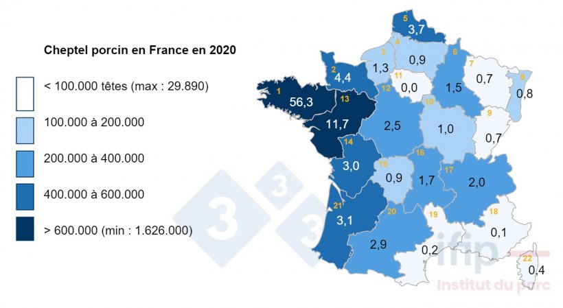 Localisation du cheptel porcin en France en 2020.

1 Bretagne, 2 Basse-Normandie, 3 Haute-Normandie, 4 Picardie, 5 Nord-Pas-de-Calais, 6 Champagne-Ardenne, 7 Lorraine, 8 Alsace, 9 Franche-Comt&eacute;, 10 Bourgogne, 11 IDF, 12 Centre, 13 Pays de la Loire, 14 Poitou-Charentes, 15 Limousin, 16 Auvergne, 17 Rh&ocirc;ne-Alpes, 18 PACA, 19 Languedoc-Roussillon, 20 Midi-Pyr&eacute;n&eacute;es, 21 Aquitaine.
