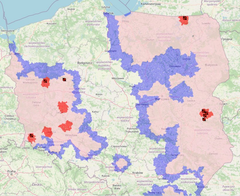 Carte des foyers de PPA en Pologne et zonage actuel
