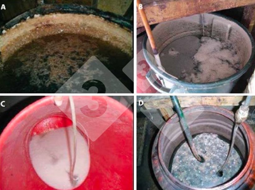 Figure 1 : Solutions et produits de précipitation pouvant bloquer le système de traitement. A : Cristaux et boue noire ; B : Cristaux et précipité flottant ; C : Précipité blanc en solution ; D : Précipité flottant. Source : Dorr PM, Madson M, Wayne S, et al (2009).