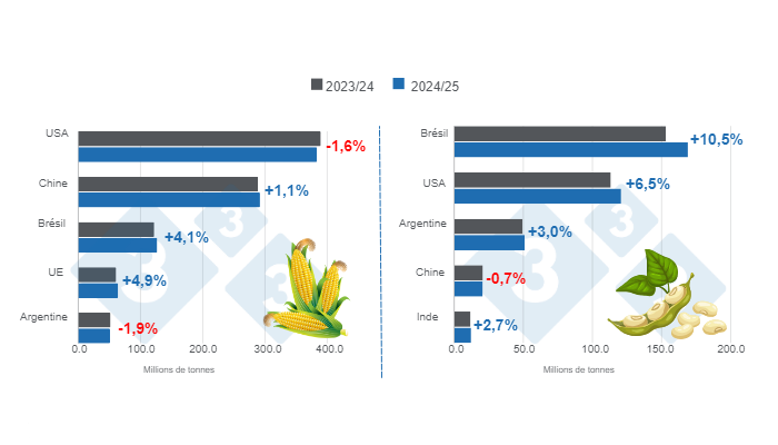 Graphique 1. Projection des r&eacute;coltes pour les principaux producteurs mondiaux de ma&iuml;s et de soja - saison 2024/25 par rapport &agrave; la saison 2023/24. Elabor&eacute; par le service Economie et Intelligence des March&eacute;s &agrave; partir de donn&eacute;es de FAS - USDA.&nbsp;
