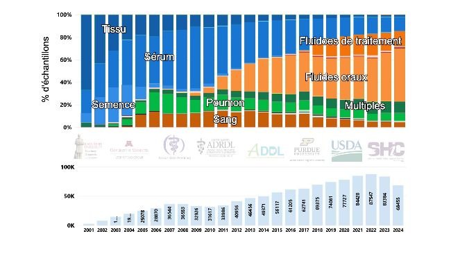 Figure 1. Nombre de cas et répartition en pourcentage des échantillons testés pour le SDRPV par RT-PCR au fil du temps aux États-Unis (2001-2024). Image extraite du site web du Swine Disease Reporting System (SDRS, https://fieldepi.org/domestic-swine-disease-monitoring-program/).