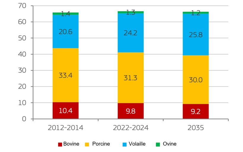Consommation de viande par habitant dans l'UE, par type de viande (kg). Consommation apparente en poids au détail. Source : Commission européenne.