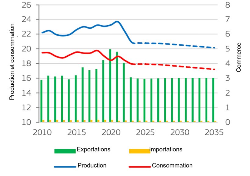 Bilan du marché de la viande porcine de l'UE (millions de tonnes). La production correspond à la production indigène brute. Source : Commission européenne.