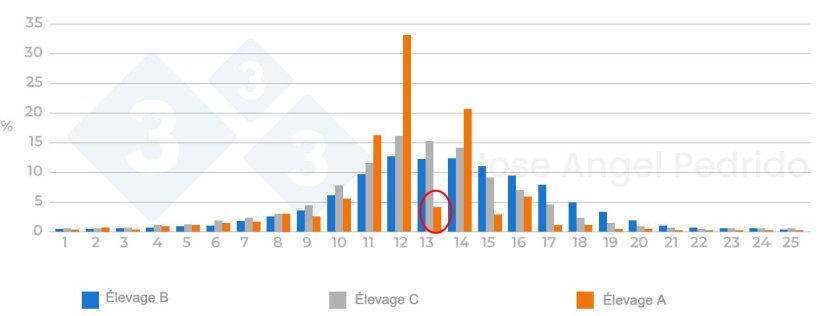 Figure 3 : Distribution des n&eacute;s totaux dans diff&eacute;rents &eacute;levages. Si la taille d'une port&eacute;e est repr&eacute;sent&eacute;e &agrave; plus de 25 %, il convient de v&eacute;rifier si les port&eacute;es sont &eacute;galis&eacute;es, puis ensuite on les note.
