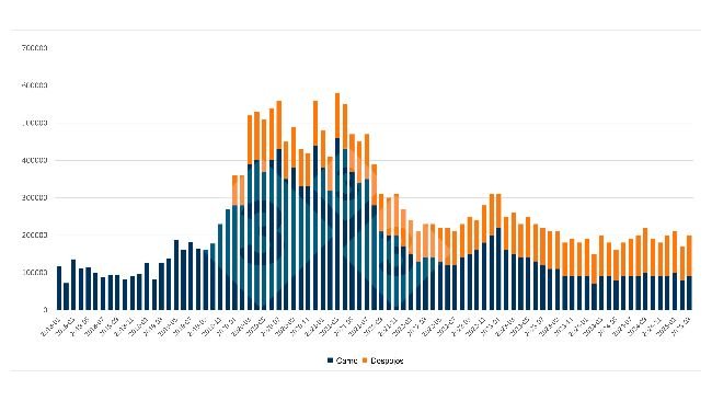 Évolution des importations mensuelles chinoises de viande de porc et d’abats. Source : 333 d’après les données de l’Administration générale des douanes de Chine.