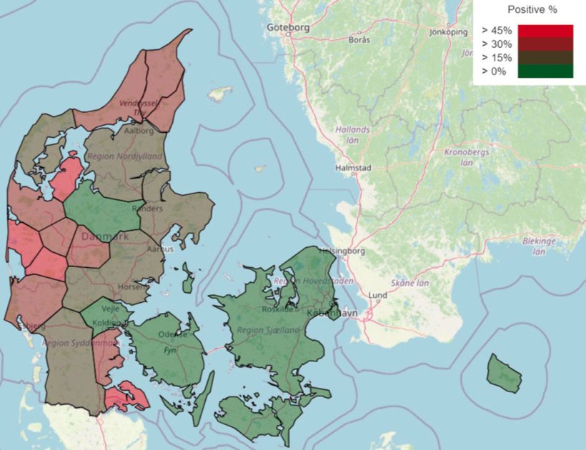 Figure 1 : Pr&eacute;valence (%) des &eacute;levages danois avec un statut sanitaire positif au SDRP par r&eacute;gion en janvier 2025

