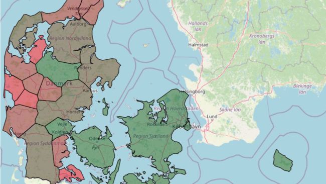 Figure 1 : Pr&eacute;valence (%) des &eacute;levages danois avec un statut sanitaire positif au SDRP par r&eacute;gion en janvier 2025
