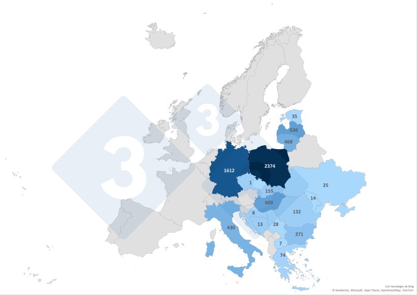 Répartition géographique des cas de PPA chez les sangliers au cours du premier semestre 2025. Source : 333 à partir des données de l’ADNS-ADIS.