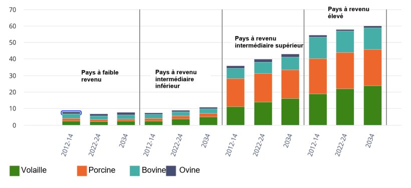 Consommation de viande par habitant selon le groupe de revenu et le type de viande. Kilogrammes/personne/an (&eacute;quivalent en poids de d&eacute;tail). Source : OCDE/FAO (2025), Perspectives agricoles OCDE-FAO, statistiques agricoles de l&rsquo;OCDE (base de donn&eacute;es), http://data-explorer/oecd.org/s/1hc.
