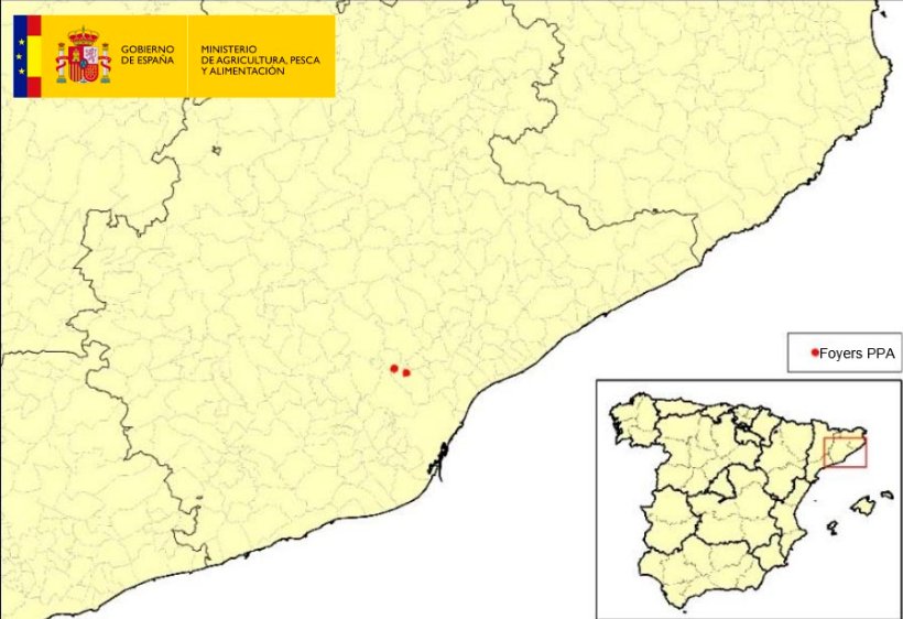 Localisation des 2 foyers de PPA chez les sangliers détectés en Catalogne (Source : MAPA).