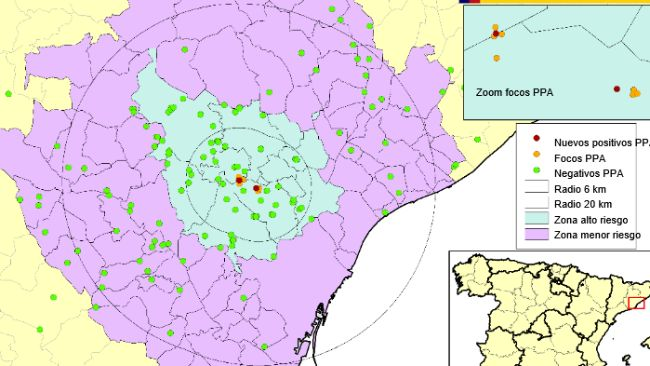 Localisation des 9 foyers chez les sangliers sauvages et des sangliers retrouvés morts négatifs détectés en Catalogne (Source : MAPA).
