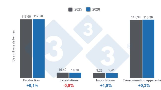 Graphique 1 : Projections des principales variables de la production porcine mondiale pour 2025 – 9 décembre 2025, variations annuelles. Élaboré par le Département Économie et Durabilité de 333 Latinoamérica à partir de données du FAS – USDA.
