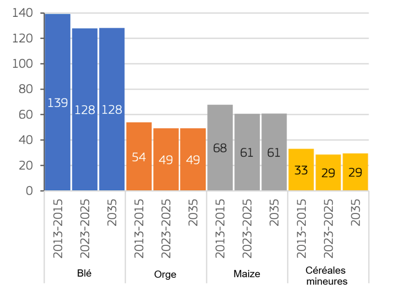 Production de céréales de l'UE (millions de t). *Les céréales mineures incluent le seigle, le triticale, l'avoine, le sorgho et d'autres céréales. Source : Commission Européenne.