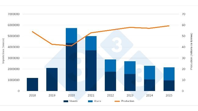 Évolution des importations et de la production porcine en Chine. Source : 333 à partir des données de l'Office national des statistiques et du ministère de l'Agriculture chinois.