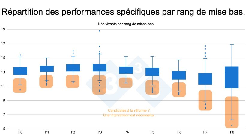 Figure 3 : Répartition des performances spécifiques par rang de mise bas.