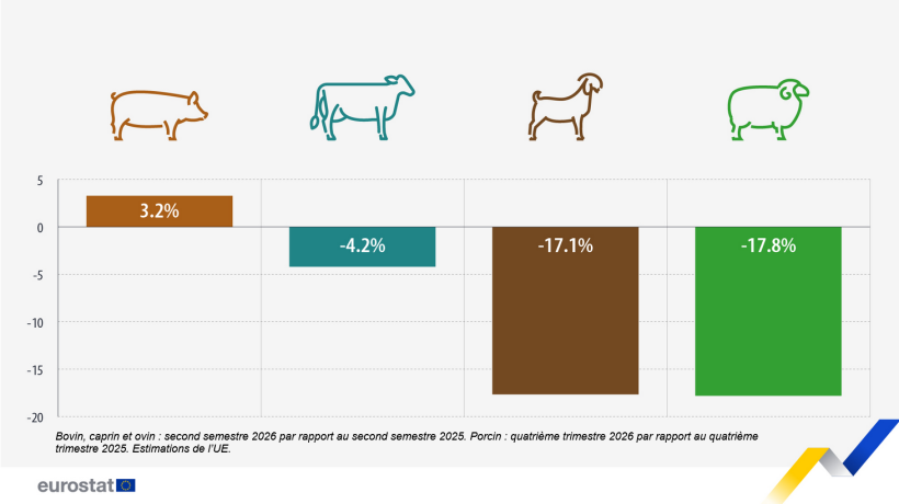 Variation prévue de la production animale dans l’UE, périodes sélectionnées de 2026 par rapport à 2025 (%)