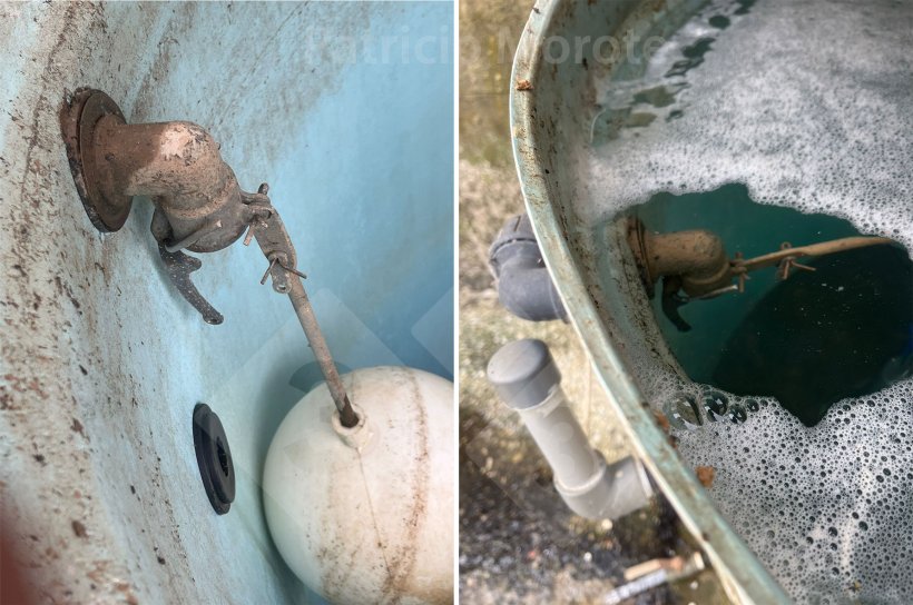 Photo 1. À gauche, flotteur de niveau endommagé. À droite, réservoir débordé en raison d'une défaillance du flotteur.