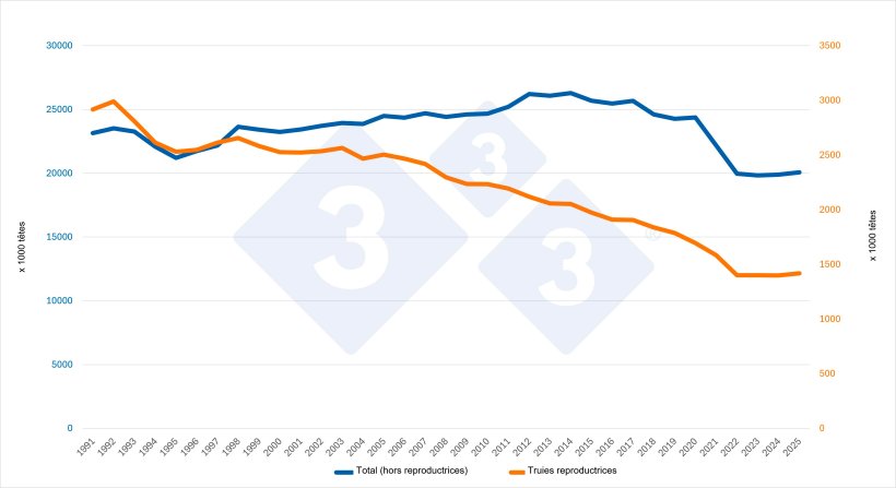 Évolution du cheptel porcin total (hors reproductrices) et du cheptel de truies reproductrices en Allemagne. Source : 333 d’après les données d’Eurostat.