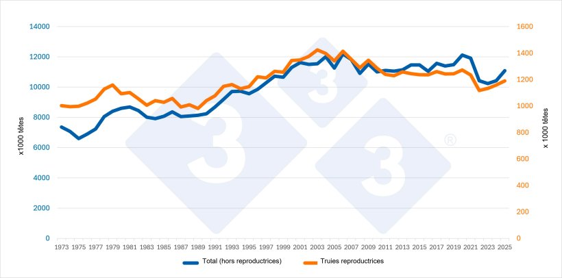 Évolution du cheptel porcin total (hors reproductrices) et du cheptel de truies reproductrices au Danemark. Source : 333 d’après les données d’Eurostat.