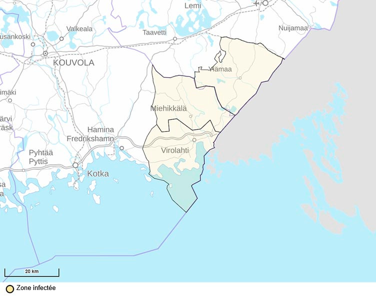 Carte de la zone infectée soumise à des restrictions. Source : Ruokavirasto.