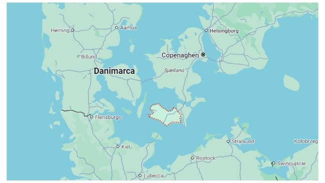 Lolland (red dotted line) is the fourth-largest island in Denmark.