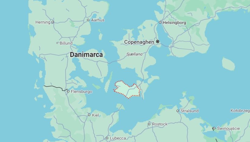 Lolland (red dotted line) is the fourth-largest island in Denmark.